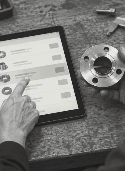 Am Tablet wird ein Ersatzteil bestellt, eine zweite Hand hält das Bauteil