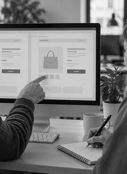 Zwei Mitarbeitende vergleichen auf einem großen Bildschirm zwei Fassungen einer Produktseite, eine Person zeigt auf einen Unterschied