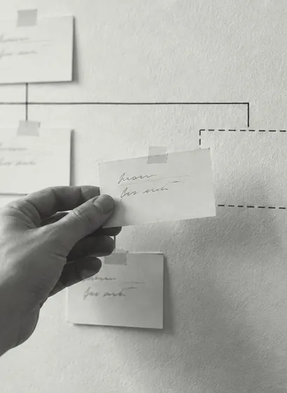 Eine Hand hängt eine Karte im Organigramm an der Wand um
