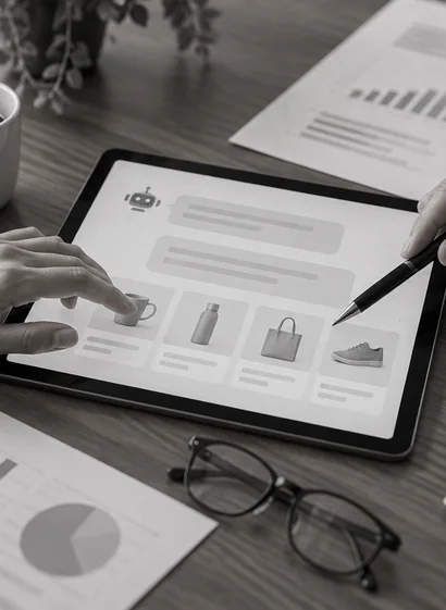 Auf einem Tablet zwischen zwei Personen steht eine KI-Antwort mit Produktkacheln, ein Stift zeigt auf eine Kachel
