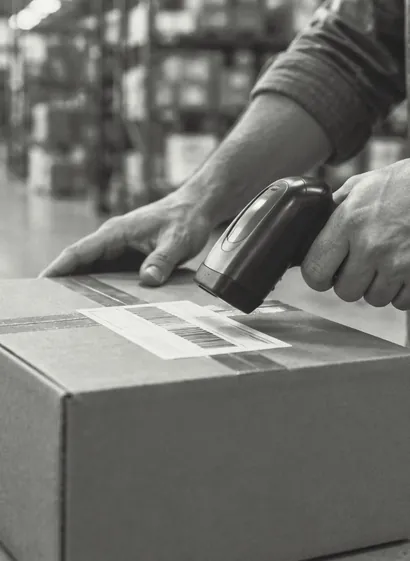 Ein Paket wird am Packtisch vor dem Versand gescannt
