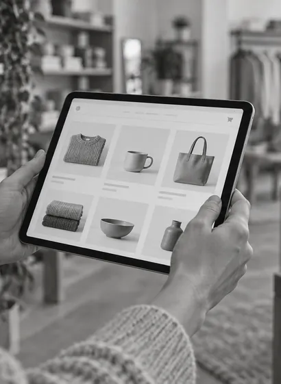 Im Ladengeschäft hält eine Mitarbeiterin ein Tablet mit einem Onlineshop, dahinter Regale mit Ware