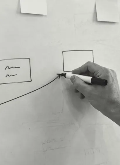 Eine Hand zeichnet am Whiteboard eine Systemskizze aus Kästen und Pfeilen